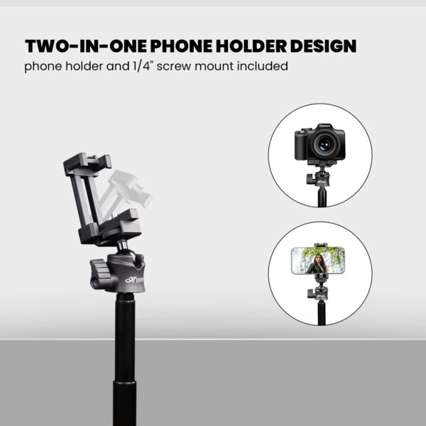 HIFFIN HTR-44 Extendable Phone Tripod with Bluetooth Button, 44" Selfie Stick Tripod Stand with 2 in 1 Phone Clip, 360° Ball Head Camera Tripod for Smartphones and Cameras, Lightweight for Travel - Image 4