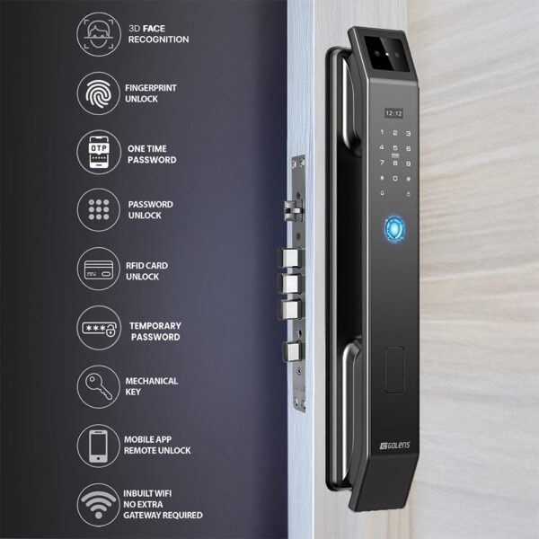 Golens X95 Luxury Smart Digital Door Lock | 8 Ways Unlocking | 3D Face ID | Fingerprint | Mobile App | RFID Card | PIN | OTP | Mechanical Key | Camera Technology | Keyless Entry Digital Lock - Image 3