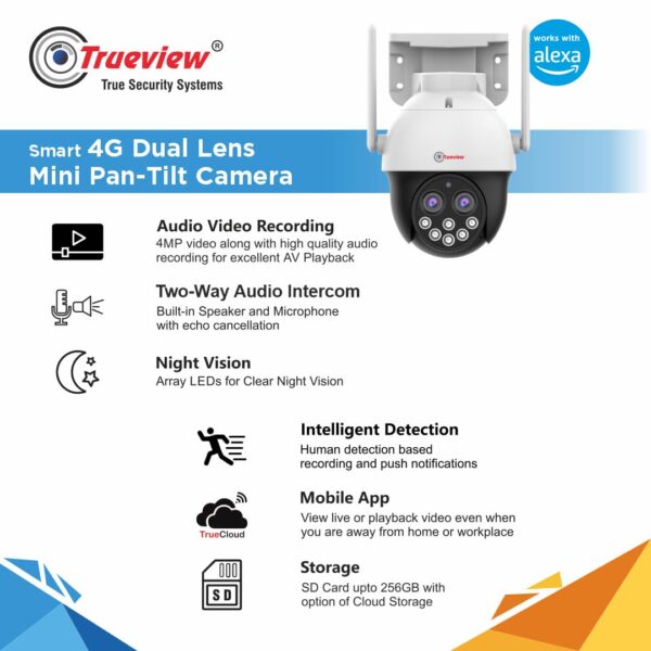 Trueview 4MP Smart CCTV Dual Lens 4G Sim Based Pan/Tilt 10X Combined Zoom Outdoor Indoor Security Camera, Water Proof, 2 Way Talk, Cloud Storage, Motion Detect, Color Night Vision, 30Mtr IR Distance - Image 4