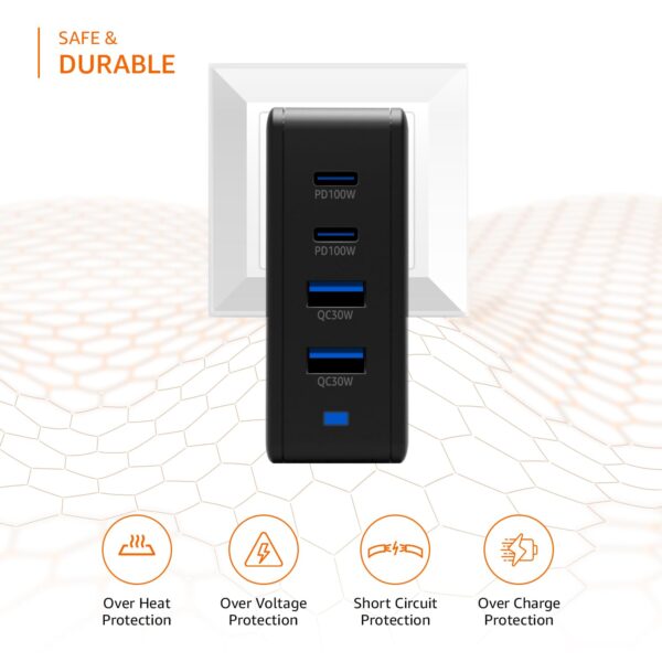 Amazon Basics 100W 4-Port GaN Charger | PD QC3.0 QC4.0 PPS Fast Charging Compact Adapter with Foldable Pins, for MacBook Pro Air 16'/14'/13', iPhone Series, Samsung S Series, iPad Pro/Air - Black - Image 5