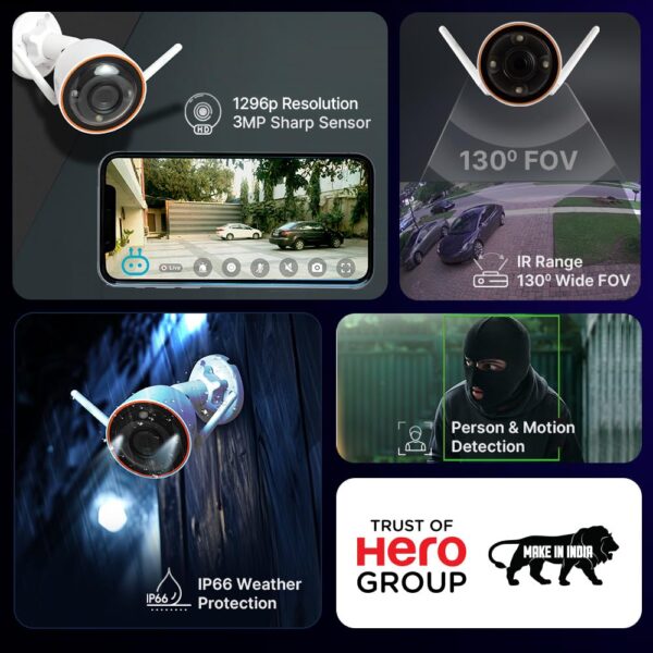 QUBO Smart Outdoor 2K 3MP 1296p WiFi Bullet Camera from Hero Group | Color Night Vision | AI Person Detection | Smart Spotlight | IP66 Weather Resistant | Made in India | 2024 Launch | - Image 3