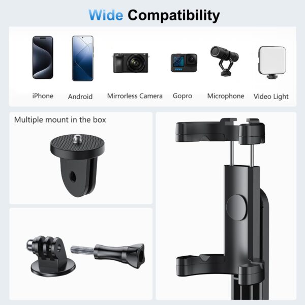 Mobilife 64" Multi-Function Selfie Stick Tripod Long Selfie Stick for iPhone&Android Multiple Mount for Camera Gopro Fill Light Aluminum Portable Mobile Tripod with Bluetooth Remote,Black - Image 3