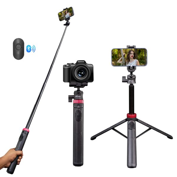 HIFFIN HTR-44 Extendable Phone Tripod with Bluetooth Button, 44" Selfie Stick Tripod Stand with 2 in 1 Phone Clip, 360° Ball Head Camera Tripod for Smartphones and Cameras, Lightweight for Travel - Image 2