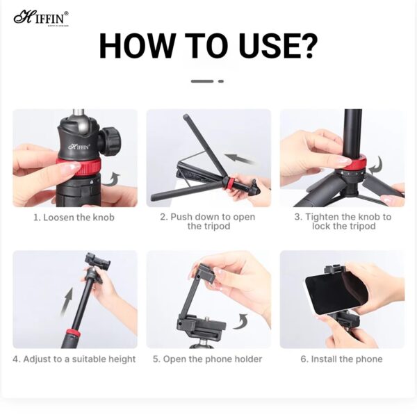 HIFFIN HTR-44 Extendable Phone Tripod with Bluetooth Button, 44" Selfie Stick Tripod Stand with 2 in 1 Phone Clip, 360° Ball Head Camera Tripod for Smartphones and Cameras, Lightweight for Travel - Image 7