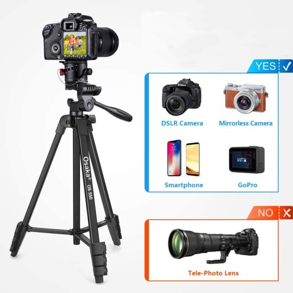 Osaka OS 550 Tripod 55 Inches (140 cm) with Mobile Holder and Carry Case for Smartphone & DSLR Camera Portable Lightweight Aluminium Tripod - Image 4