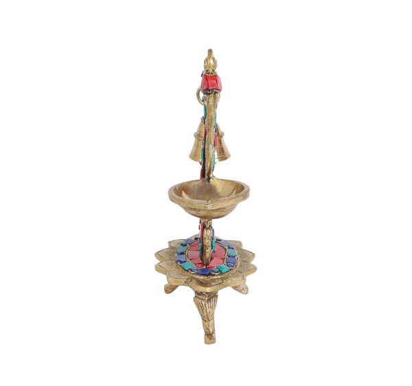 Two Moustaches Gemstone Work Ethnic Carved Peacock Design Brass Diya with Bell, Brass Antique Oil Lamp, Brass Diyas for Home, Size - 8 Inches, Standard, Pack of 1 - Image 8