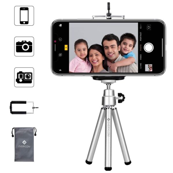 Everycom Extendable Legs 20cm Silver Color Mini Tripod Stand with Universal Grip Mount for Mobile Phone & DSLR Camera - Image 2