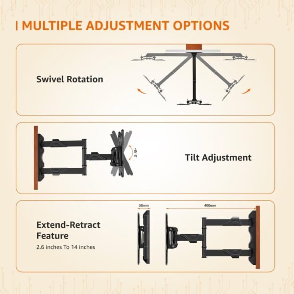 Amazon Basics Wall Mount for 32 to 55 inch TV with 6-Way Swivel Tilt | Full Motion Cantilever for LED, LCD, Plasma TV | Six-Way Precision Adjustments | Effortless Setup & Modern Minimalism (Black) - Image 5