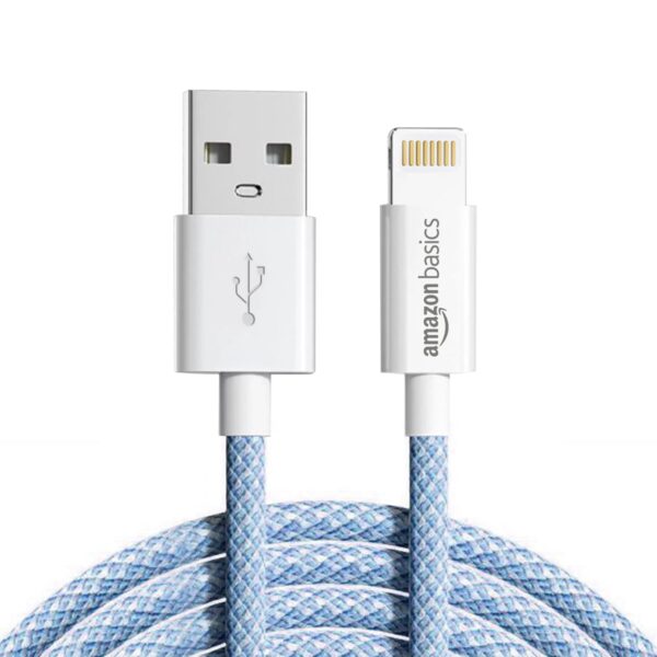 amazon basics Nylon Braided USB-A to Lightning Cable Cord, MFi Certified Charger for Apple iPhone 14, 13, 12,11, X, 8, 7, 6, 5, iPad Air, Pro, Mini, iPad | Sierra Blue, 1.02 meter - Image 2