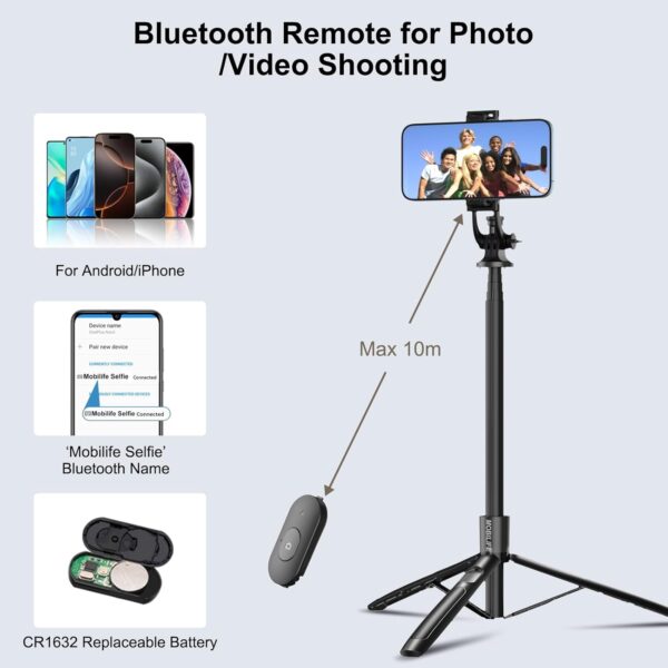 Mobilife Long Selfie Stick with Tripod Stand Aluminum 61 inch Multifunctional Bluetooth Tripod for Mobile Phone Vlogging Live Stream 1/4" Screw for Mirrorless/Action Camera Ring Light Gopro,Black - Image 5