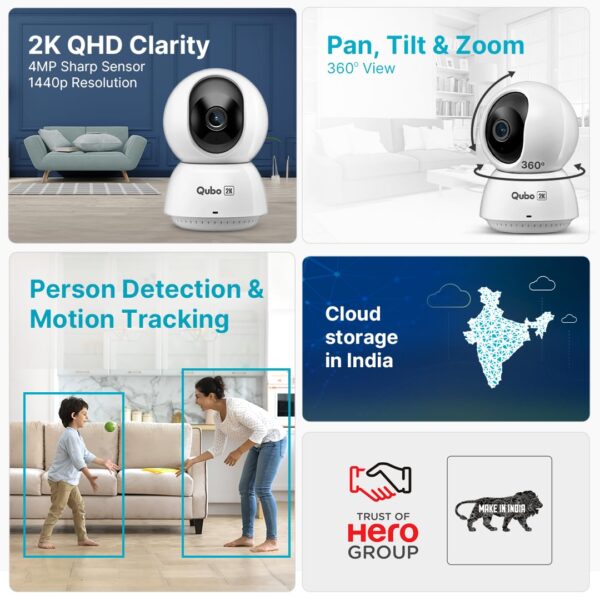 Qubo Smart 360 Ultra 2K 4MP 1440p WiFi CCTV Security Camera for Home from Hero Group | Mobile App | Two Way Talk | Night Vision | Cloud & SD Card Recording | Made in India | Alexa & OK Google | - Image 3