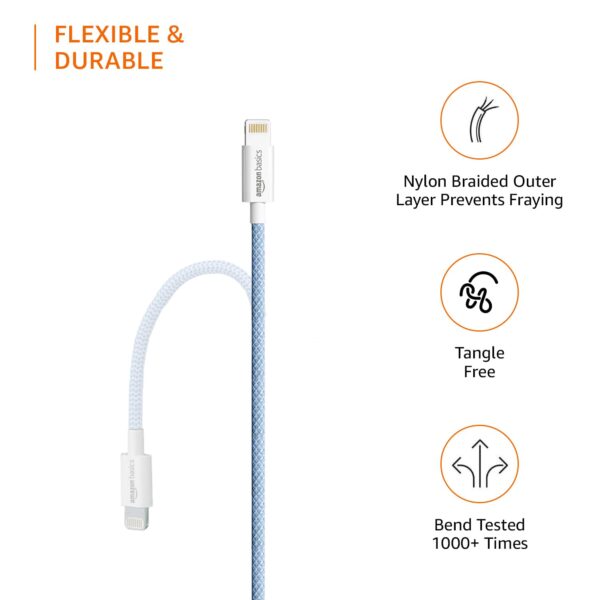amazon basics Nylon Braided USB-A to Lightning Cable Cord, MFi Certified Charger for Apple iPhone 14, 13, 12,11, X, 8, 7, 6, 5, iPad Air, Pro, Mini, iPad | Sierra Blue, 1.02 meter - Image 4