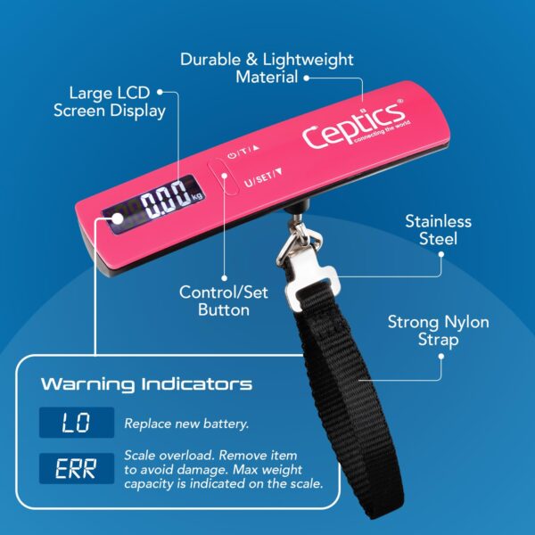 Ceptics weight machine for luggage weighing scale, luggage weighing scale capable capacity up to 50 Kg, weighing machine for luggage with LCD display luggage scale for bags, home, shop - PINK - Image 4