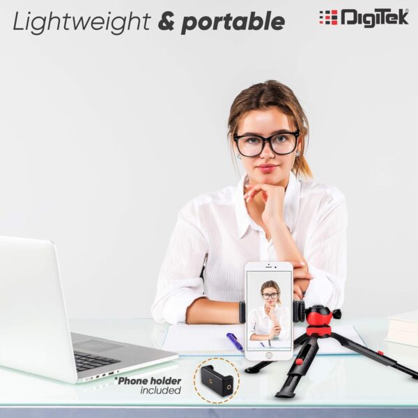 DIGITEK® (DTR-200MT) 18CM Flexible & Portable Mini Tripod with Smartphone Holder & 360° Ball Head, 1kg Load Capacity, 2 Section Adjustment, Rubber Feet, For Smartphones, Compact Cameras, GoPro Cameras - Image 6