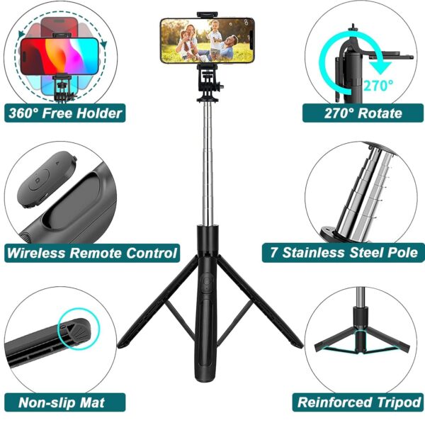 Celfiexpt Long Selfie Stick with Tripod Stand 62-inch Reinforced Tripod for Mobile Phone Multi-Functional Bluetooth Selfie Stick for Travel Vlogging Live Stream Suitable for Gopro Mirrorless Camera - Image 5