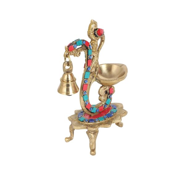 Two Moustaches Gemstone Work Ethnic Carved Peacock Design Brass Diya with Bell, Brass Antique Oil Lamp, Brass Diyas for Home, Size - 8 Inches, Standard, Pack of 1 - Image 9