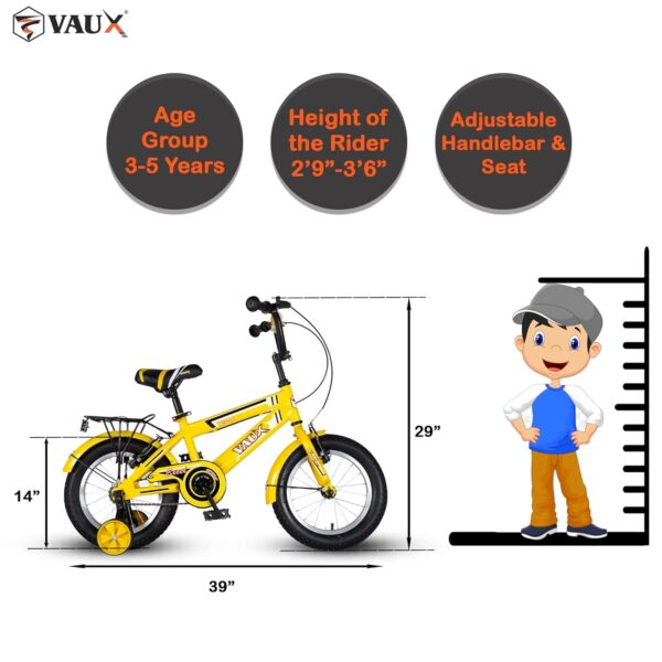Vaux Excel 14T Cycle for Kids with Carrier, Bicycle for Kids 3 to 5 Years with Hi-Ten Steel Frame, V-Brakes, Alloy Rims & Ralson Tubular Tyres (Yellow) - Image 4