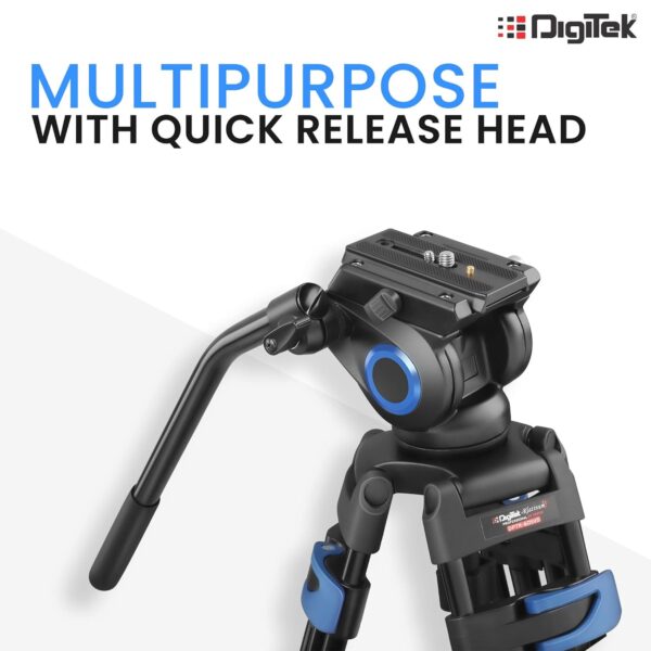 DIGITEK® (DPTR 605 VD) 183cm Heavy Duty Tripod with 2 Way Pan Head & Bubble Head, 6 Feet Max Height, 20kg Max Load, Rubberized Legs, Quick Release Head for Digital Video Cameras & GoPro Devices - Image 5