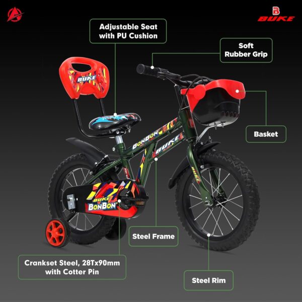 Avon Buke Bonbon 14T MTB Kids Bicycles for Boys| Frame Size: 8.5" | Wheel Size: 14" inch Steel Rim | Rigid Fork & Caliper Brake | Ideal Cycle for Kids: 2-4yrs | (Military Green) - Image 6