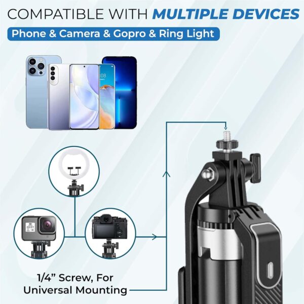 Kratos K5 Selfie Stick with Balance Handle & Recharable BT Remote, Stable 4 Leg Design, Selfie Stick with Tripod Stand for 360° Panoramic Shoot, 62" Long, Made for Phones, Ring Light, Gopro, Camera - Image 7