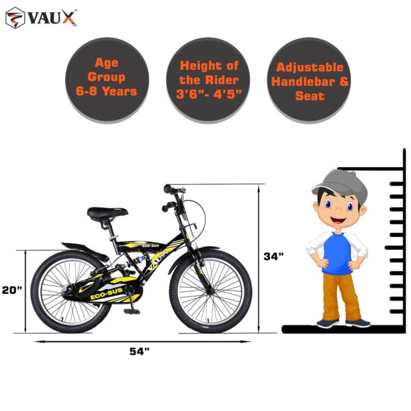 Vaux Eco-Sus 20" Black Kids Sports Bicycle. Ideal for Cyclist with Height (3'11" - 4'3"). Simple and Easy to Assemble. - Image 4