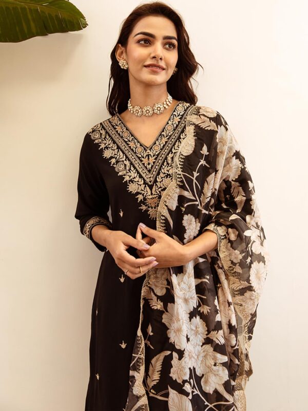 INDO ERA Women's Viscose Rayon Embroidered Straight Salwar Kurta Dupatta Set - Image 3