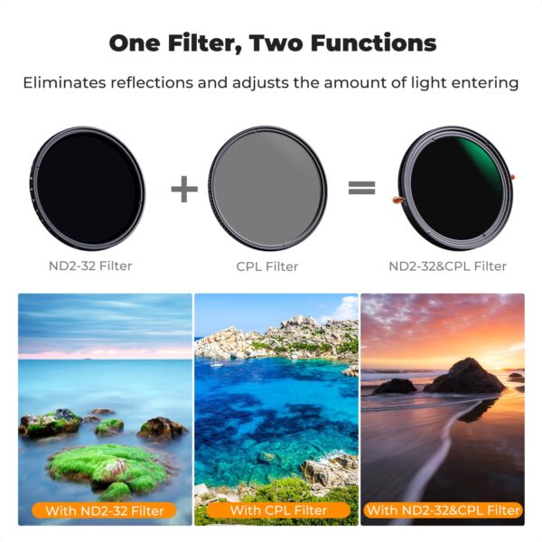 K&F Concept K&F Concept 67mm Variable Fader ND2-ND32 ND Filter and CPL Circular Polarizing Filter 2 in 1 for Camera Lens No X Spot Weather Sealed - Image 4