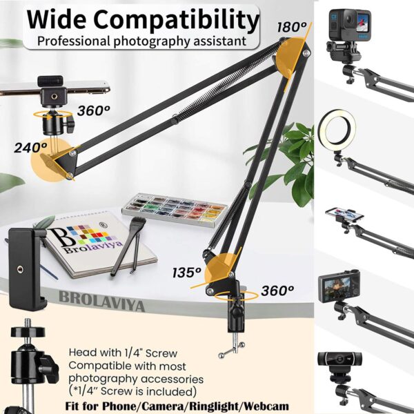 BROLAVIYA Overhead Video Mobile Stand, Metal Long Arm,1/4" Ball Head Male for Camera,Gopro Webcams,Mobile Bracket for Video,Desktop,Bedroom, Office, Table Mount, Black - Image 3