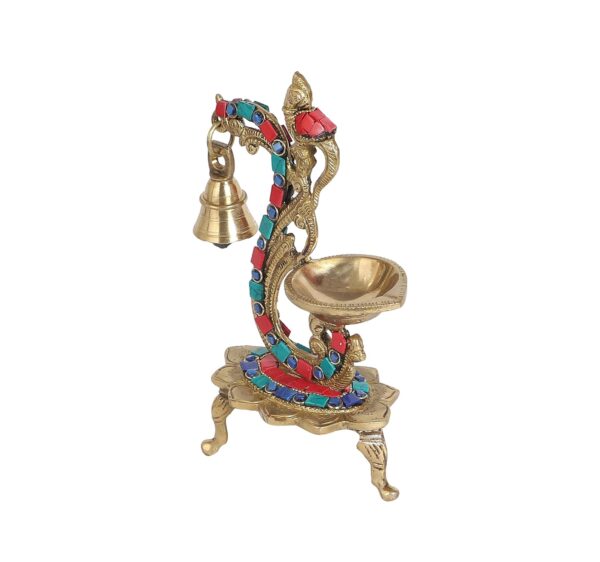 Two Moustaches Gemstone Work Ethnic Carved Peacock Design Brass Diya with Bell, Brass Antique Oil Lamp, Brass Diyas for Home, Size - 8 Inches, Standard, Pack of 1 - Image 5