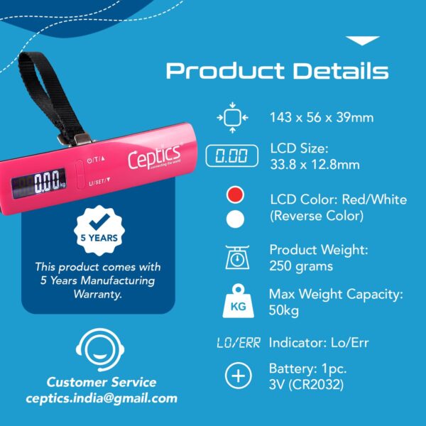 Ceptics weight machine for luggage weighing scale, luggage weighing scale capable capacity up to 50 Kg, weighing machine for luggage with LCD display luggage scale for bags, home, shop - PINK - Image 5