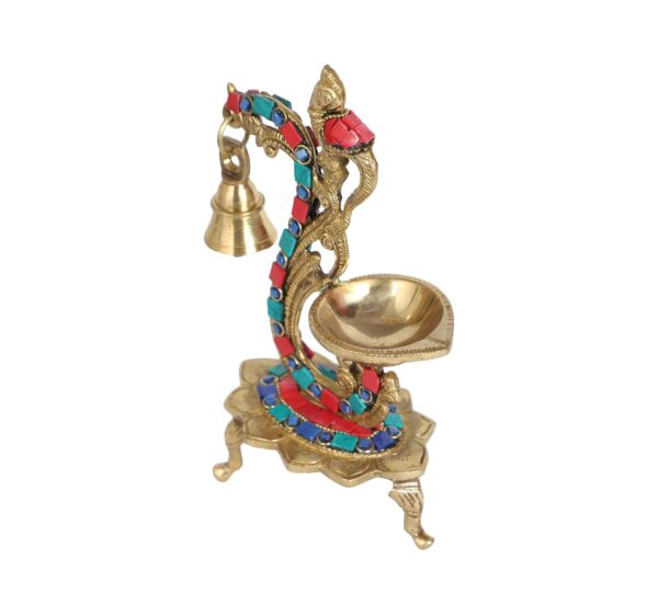 Two Moustaches Gemstone Work Ethnic Carved Peacock Design Brass Diya with Bell, Brass Antique Oil Lamp, Brass Diyas for Home, Size - 8 Inches, Standard, Pack of 1 - Image 10