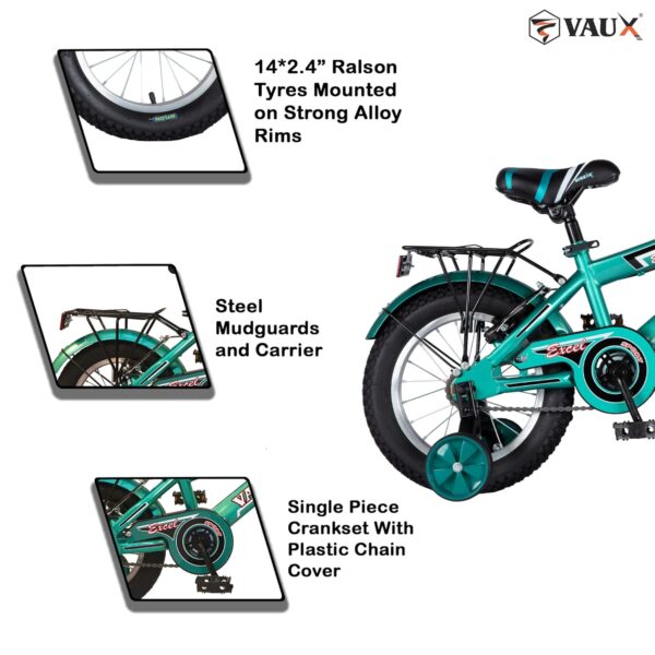 Vaux Excel Bicycle for Kids with Carrier, 16T/20T Cycle for Boys & Girls with Hi-Ten Steel Frame, V-Brakes, Alloy Rims & Ralson Tubular Tyres (14T, Green) - Image 2