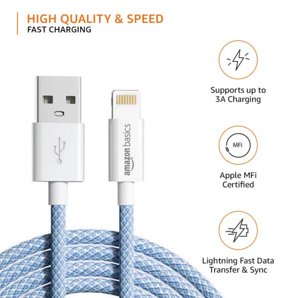amazon basics Nylon Braided USB-A to Lightning Cable Cord, MFi Certified Charger for Apple iPhone 14, 13, 12,11, X, 8, 7, 6, 5, iPad Air, Pro, Mini, iPad | Sierra Blue, 1.02 meter - Image 3