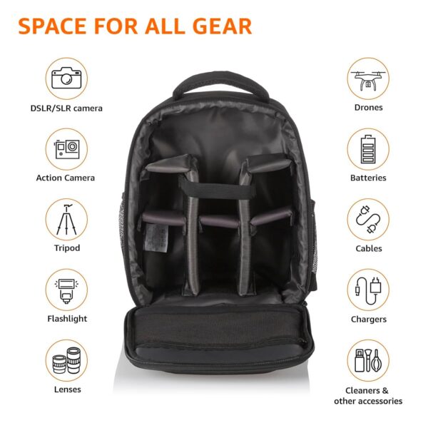 amazon basics Waterproof Fabric DSLR Camera Backpack Lightweight Camera/Laptop Bag, Lens Accessories Bags Carry Case for All DSLR SLR Cameras With Tripod Holder-A23 - Image 5