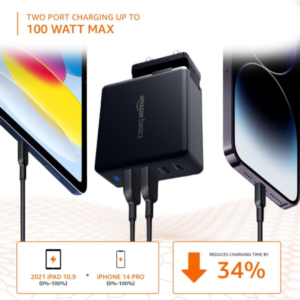 Amazon Basics 100W 4-Port GaN Charger | PD QC3.0 QC4.0 PPS Fast Charging Compact Adapter with Foldable Pins, for MacBook Pro Air 16'/14'/13', iPhone Series, Samsung S Series, iPad Pro/Air - Black - Image 7