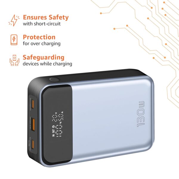 Amazon Basics Ultimate Power 20000mAh Power Bank for Laptop & Mobile Charging | Triple Output PD100W + 30W | USB Type C, USB Type A 22.5W Fast Charging | LED Display | in-Built Protection (Grey) - Image 6