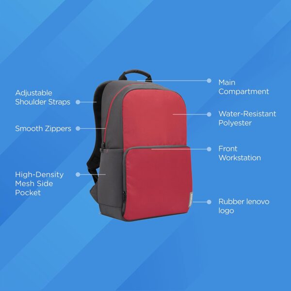 Lenovo 39.63cm (15.6") Executive Red Backpack; Made in India, Water-resistant; Travel, School, Office friendly; Vented & well-padded back panel with luggage strap; Padded adjustable shoulder straps - Image 6