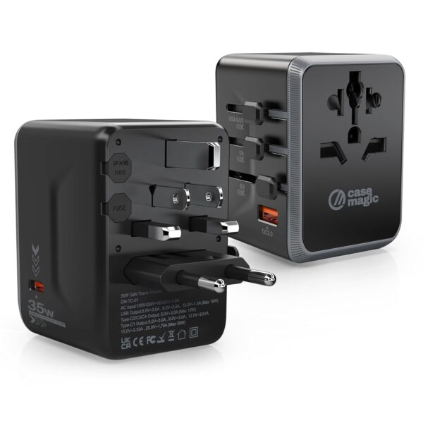 Case-Magic Universal Plug Travel Adapter 35W GaN Type C, International Wall Charger for USA/AUS/UK/EU/ 200+ Countries Worldwide/ 15W USB C, 18W USB A QC3.0 Ports for Laptop, Smartphone, Tablet, Camera - Image 2