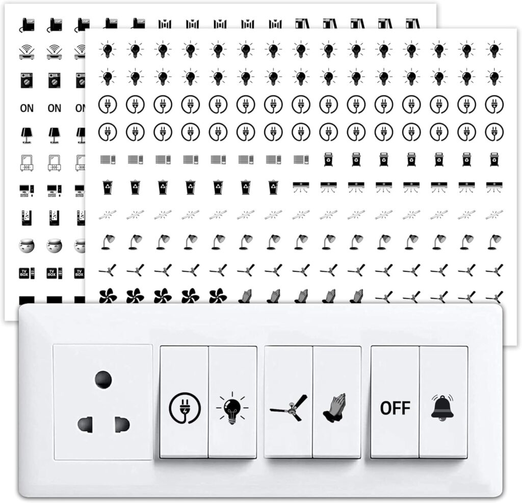 COOFANDY Transparent Switch Identifier for Fan Heater Bed Bathroom Kitchen Garage Laundry Room, Labels 3-A4 Sheets for Electric Board Appliances, 27 Designs & 495 Stickers For White And Black Switches