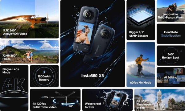 insta360 X3 Action Camera, 1/2" Sensor, 5.7K 360 Capture, Optical Zoom 3X, 72 MP 360 Photo, 4K Single Lens Mode, Black - Image 3