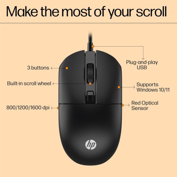 HP M070 Ergonomic Wired Mouse/ 1.5M USB Cable/Optical Engine/Accurate Positioning/ 1600 DPI with Adjustable DPI 1000-1200/3 Years Warranty - Image 9