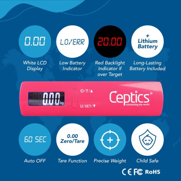 Ceptics weight machine for luggage weighing scale, luggage weighing scale capable capacity up to 50 Kg, weighing machine for luggage with LCD display luggage scale for bags, home, shop - PINK - Image 7