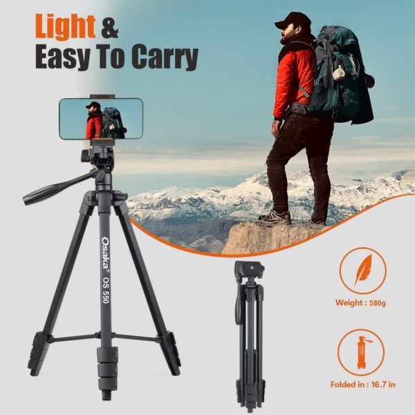 Osaka OS 550 Tripod 55 Inches (140 cm) with Mobile Holder and Carry Case for Smartphone & DSLR Camera Portable Lightweight Aluminium Tripod - Image 5