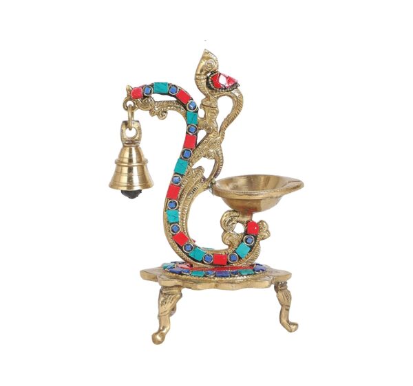Two Moustaches Gemstone Work Ethnic Carved Peacock Design Brass Diya with Bell, Brass Antique Oil Lamp, Brass Diyas for Home, Size - 8 Inches, Standard, Pack of 1 - Image 3