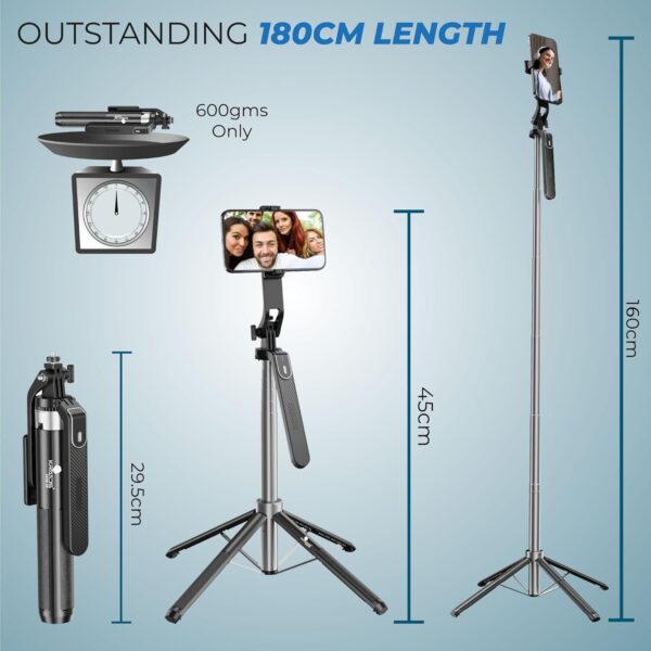Kratos K5 Selfie Stick with Balance Handle & Recharable BT Remote, Stable 4 Leg Design, Selfie Stick with Tripod Stand for 360° Panoramic Shoot, 62" Long, Made for Phones, Ring Light, Gopro, Camera - Image 9