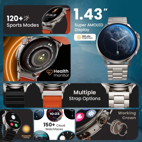 Boult Newly Launched Crown R Pro Smart Watch 1.43''HD AMOLED, Bluetooth Calling, Working Crown, Zinc Alloy Frame, 600 Nits Brightness, AI Voice Assistant, SpO2 Monitoring, 120+ Sports Mode (Jet Black) - Image 2