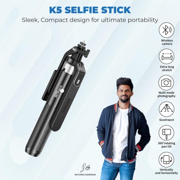 Kratos K5 Selfie Stick with Balance Handle & Recharable BT Remote, Stable 4 Leg Design, Selfie Stick with Tripod Stand for 360° Panoramic Shoot, 62" Long, Made for Phones, Ring Light, Gopro, Camera - Image 3