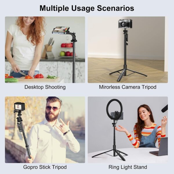 Mobilife Long Selfie Stick with Tripod Stand Aluminum 61 inch Multifunctional Bluetooth Tripod for Mobile Phone Vlogging Live Stream 1/4" Screw for Mirrorless/Action Camera Ring Light Gopro,Black - Image 10