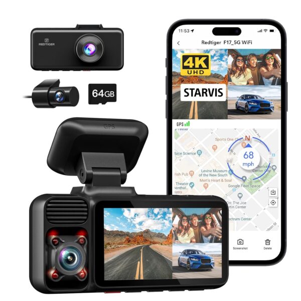 REDTIGER 4K 3 Channel Dash Cam 5G WiFi Built-in GPS, Free 64GB Card, 2160P+1080P+1080P Front and Rear Inside Loop Recording, Triple Car Camera with 3 Inch Screen, IR Night View, WDR, Parking Mode - Image 2