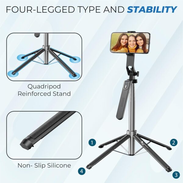 Kratos K5 Selfie Stick with Balance Handle & Recharable BT Remote, Stable 4 Leg Design, Selfie Stick with Tripod Stand for 360° Panoramic Shoot, 62" Long, Made for Phones, Ring Light, Gopro, Camera - Image 5